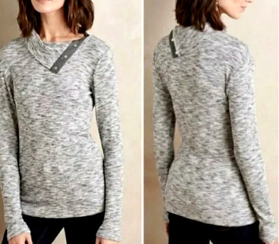 DOLAN Anthropologie Gray/Black Ribbed Snap Up Cowl Neck Knit Top Long Sleeve XS