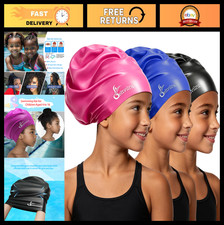 3 Pack Extra Large Waterproof Silicone Swim Caps for Kids 4-16, Long Hair Friend