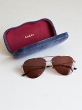 Gucci GG0397S Rimless Aviator Sunglasses Brown Lens Web Stripe Temples w/ Case