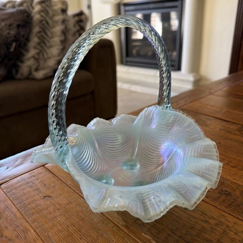 Vintage Fenton Art Glass Aquamarine Opalescent Swirl Pattern Basket with 3 legs