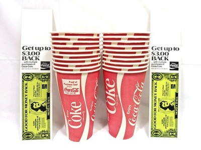 vintage 1980s unused Coca Cola 12oz wax coated paper cups & 1970s Coke Coupons 