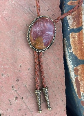 Orange Plum Stone Bolo Tie Leather Cord Cowboy Western Necktie Necklace Gift
