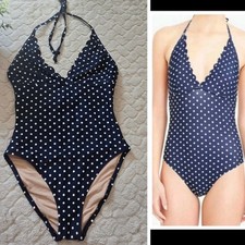 J. Crew Navy Blue Polka-Dot Scalloped Plunge V-Neck One Piece Swimsuit, XS