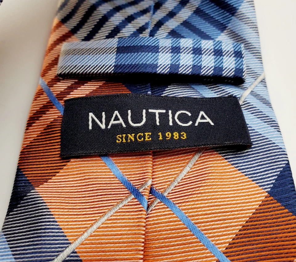 Corbata Nautica Cobre Azul Marino Diagonal Cuadros 100% Seda 3"  Foto 2 de 3