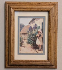 Custom Framed and Matted Print Girl with a Kitten in Heavy Oak Frame MINT