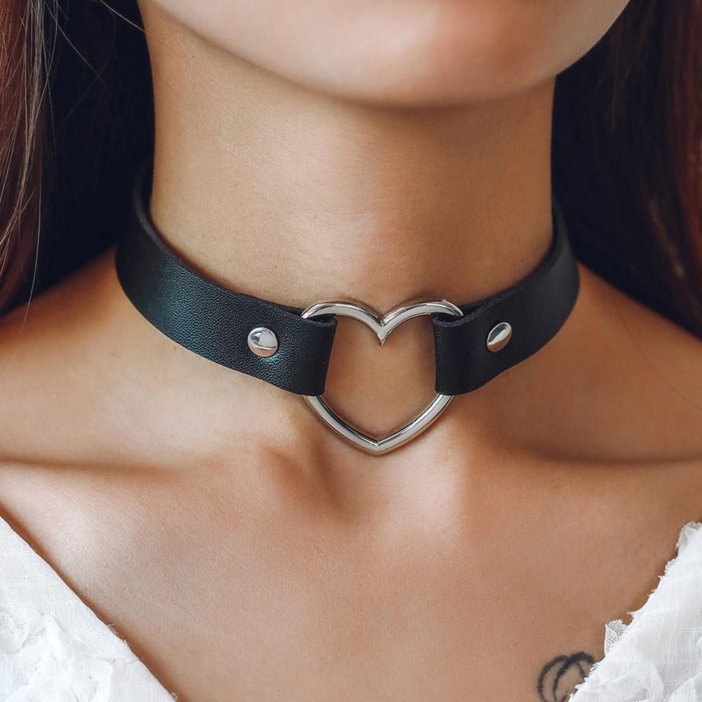PU Leather Choker Necklace Adjustable Heart Chain Neck PU Leather Choker Necklace Adjustable Heart Chain Neck