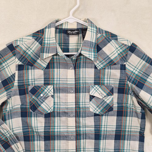 Wrangler Retro Women's Western Shirt Size L Pearl Snap Button Blue Green Plaid