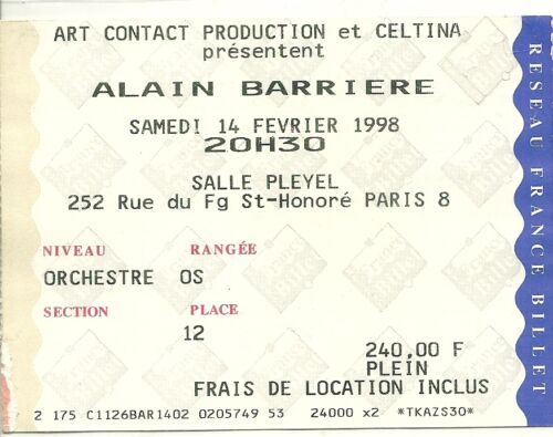 RARE / TICKET BILLET DE CONCERT - ALAIN BARRIERE : LIVE A PARIS ( FRANCE ) 1998 - Photo 1/1