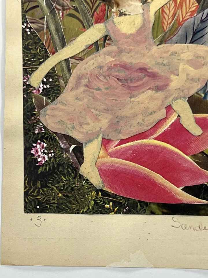 Sandra Pape Art Collage 10x8” Vestido Rosa Hada Bailando Flor Jardín Colibrí Foto 3 de 4