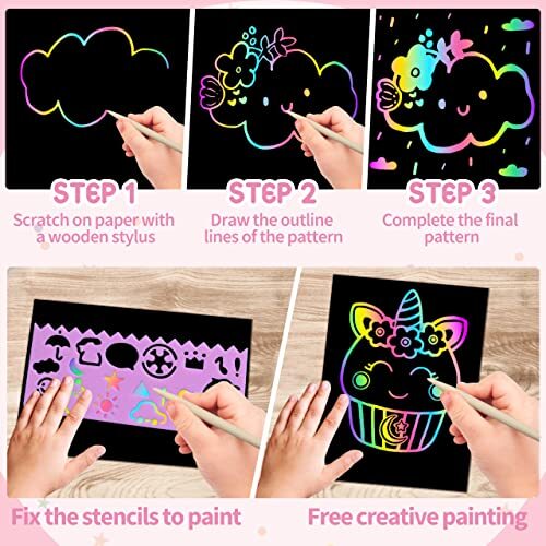 117 Teile Regenbogen Kratzpapier Kunst Set Magic Kratzpapier für Kinder DIY Basteln - Bild 6 von 7