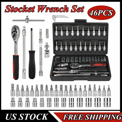 46PCS Socket Ratchet Wrench Set Metric Sae Spanner Car Repair Tool Kit 1/4''Drive