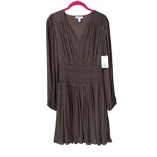 Nine west size s womens satin mini dress long sleeve elastic waist brown NWT