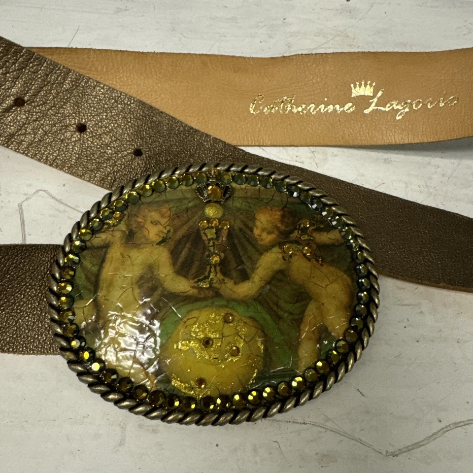 Women’s Inlaid Angels Rhinestone Gold PLeather Gold Buckle Med 30-34” Adjusts - Image 2 of 4