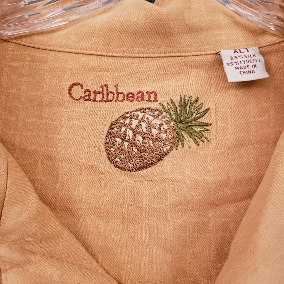 Caribbean Button Up Shirt Men XLT Tall Orange Silk Blend Short Sleeve One Pocket Foto 4 de 4