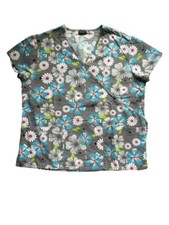 Women's Absolute Scrub Top Medium Gray Blue White Floral Short Sleeve Tie Back