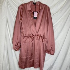 NWT Pretty Little Thing Katalea Rose Twist Satin Long Sleeve Shirt Dress Size 16