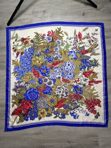 Brooks Brothers 100% Silk Large 35" Square Scarf Floral Bird Blue