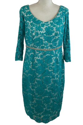 Sonia Pena Dress 12 Teal White Lace Overlay Sheer Sleeve Beaded Rhinestone Waist