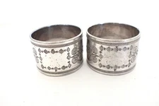 Pair Lot Of 2 Antique Victorian Silver Plated Napkin Rings Etched Unmarked
