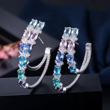 Silver Plated Cubic Zircon Oval Tennis Round Double Hoop Earrings Sparkling Gift