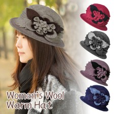 Women's Winter Elegant Flower Decor Wool Basin Hat Warm Mom Hat Beanie Beret Hat