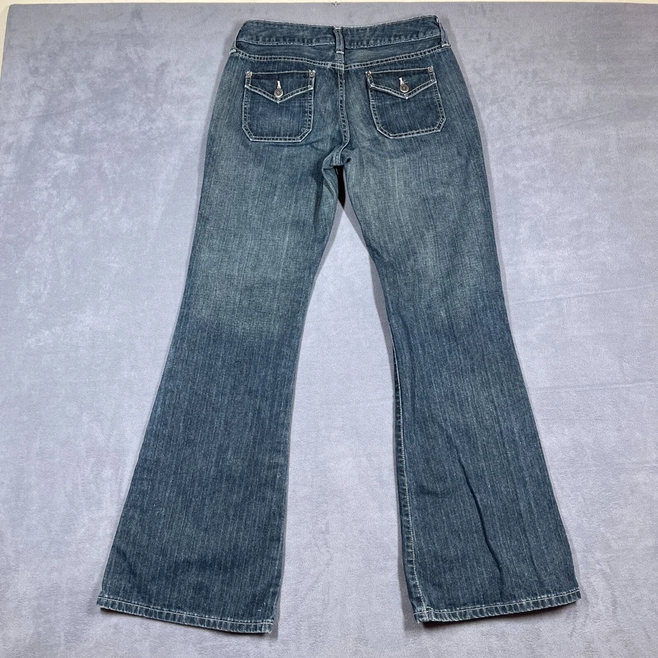 Pantalones de mezclilla halógenos para mujer talla 4 lavado medio tiro bajo acampanados retro Y2K algodón utilitario Foto 2 de 4