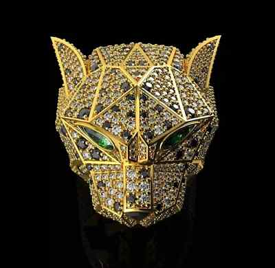 3Ct Round Simulated Black Diamond Men's Panther Band Ring 14K Yellow Gold Plated