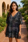 AUTOGRAPH Plus Size 24 Sheer Tunic Top Dress Kaftan V-Neck Blue Green Abstract