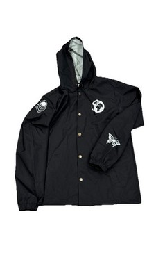 Heavens Child  World  Rain Jacket, Black Unisex Large Hooded Waterproof Buttonup