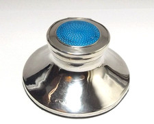 ANTIQUE EDWARDIAN STERLING SILVER & ENAMEL INKWELL, CAPSTAN, BIRMINGHAM 1909