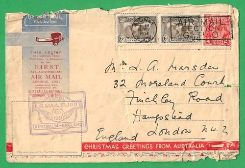 AUSTRALIA ~ VERY TATTY SPECIAL AIR MAIL FLIGHT COVER AUS TO ENGLAND ~ 19th NO 31