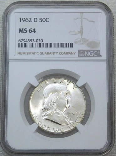 1962-D Franklin Half Dollar NGC MS64 90% FBL Frosty Just Graded New Holder B232M