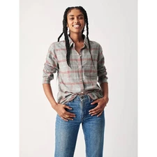 Faherty Women’s Juliet Gray And Red Button Down Flannel Shirt Size Small 