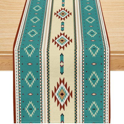 Aztec    Türkis & Beige Südwestlicher Tribal Ethno Geometrischer Stil, Leinenopt