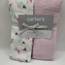 Carter  s Swaddle Blankets Baby Girl Set of 2 New Butterfly Pink Stripe Muslin