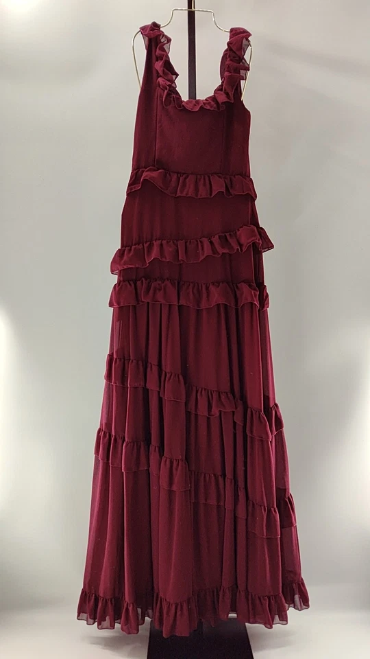 Maxi Vestido Lulus Mujer Convincente Romántico Borgoña con Volantes en Niveles S Foto 3 de 3