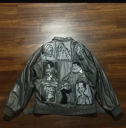 Original Authentic Platinum FUBU Men’s Gray Leather Bomber Jacket 2XL Graphic image 2