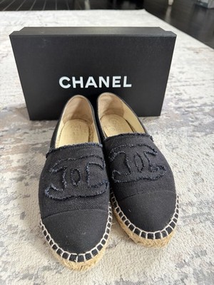 Chanel CC Black Canvas Tweed Espadrilles Flats Slip On Shoes