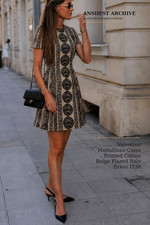 Valentino Medallions Coins Printed Cotton Beige Flared Italy Dress IT38