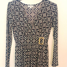 Luxology Geometric Wrap Dress Women’s S Black/White V-Neck Long Sleeve Buckle