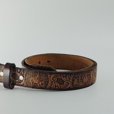 VTG Hand Tooled Leather Western Belt Rodeo Cowboy Bucking Bull Scene Brown - 36