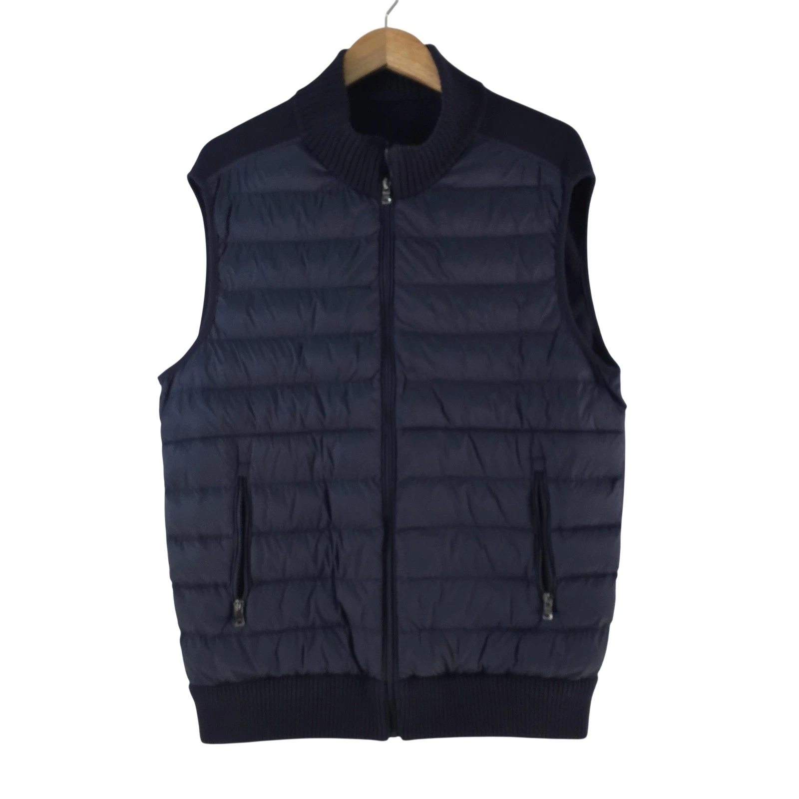 GAZ MAN Vest Mens L Blue Quilted Padded Zip Pockets Stand Collar Knit 135468
