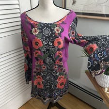 Farm Rio Dress Womens Medium Purple Floral Mini Flared Long Sleeve Boho Festival