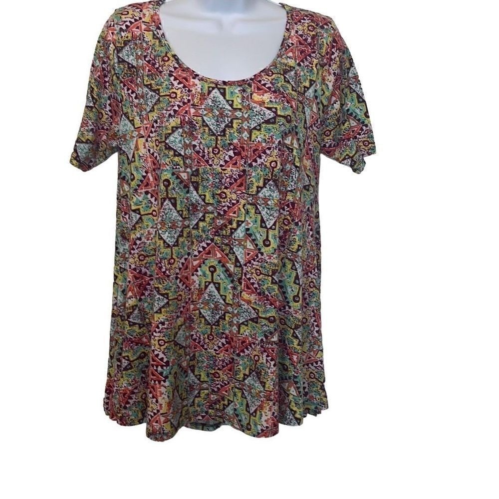 Lularoe Multicolor Aztec Abstract Print Scoop Neck Short Sleeve Top Small