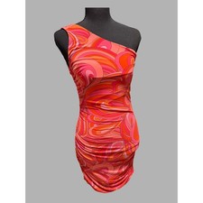 Olivaceous One Shoulder Ruched Bodycon Mini Dress Pink Orange Retro Print Size M
