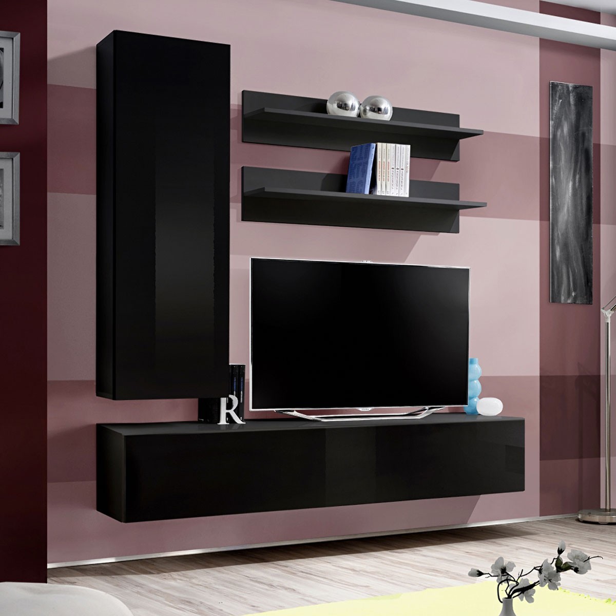 Meuble TV mural Fly H1 noir 170cm pour cacher tous les câbles