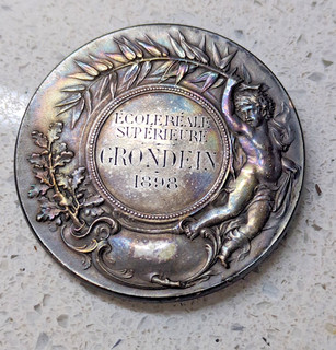ANTIQUE FRENCH SILVER PLATED BRONZE MEDAL ECOLE REALE GRONDEIN 1898