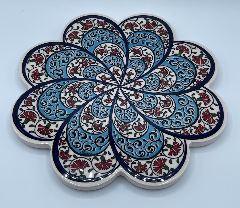 Tile Trivet/Hot Pad Blue White Floral w/ Padded Bottom Made in Turkey
