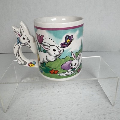 Vintage Easter Bunny Rabbit 3D Figural Handle Ceramic Coffee Mug Tea Cup