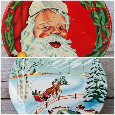 Vintage MCM Little Ted's Santa Claus & Horse Sleigh Ride Christmas Cookie Tins